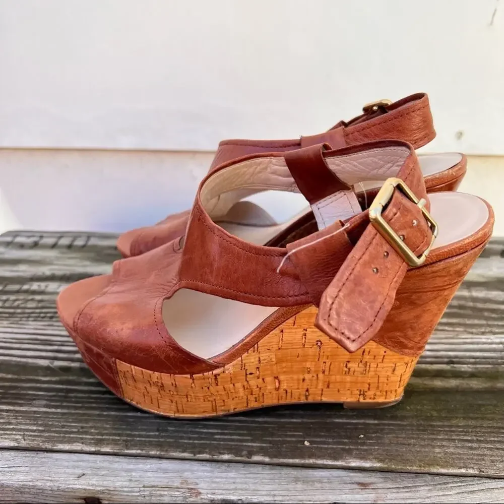 Franco Sarto A-Xenon cognac brown leather wedge sandals 8M
